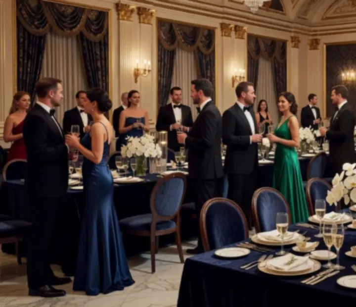 Luksusowy bankiet w eleganckiej sali z gośćmi podczas prestiżowego wydarzenia