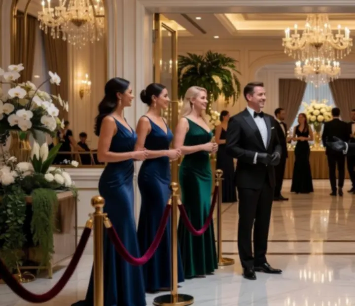 Eleganckie hostessy i hości witający gości podczas luksusowego wydarzenia